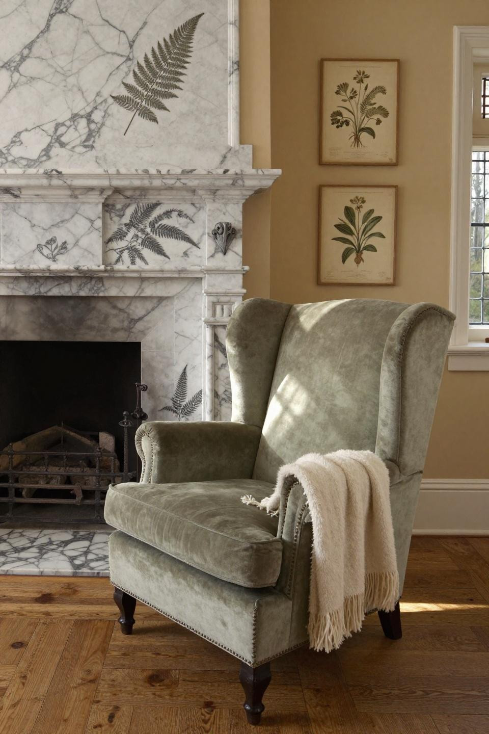 Cosy Cottage Living Room - Calacatta marble fireplace with sage mohair chair