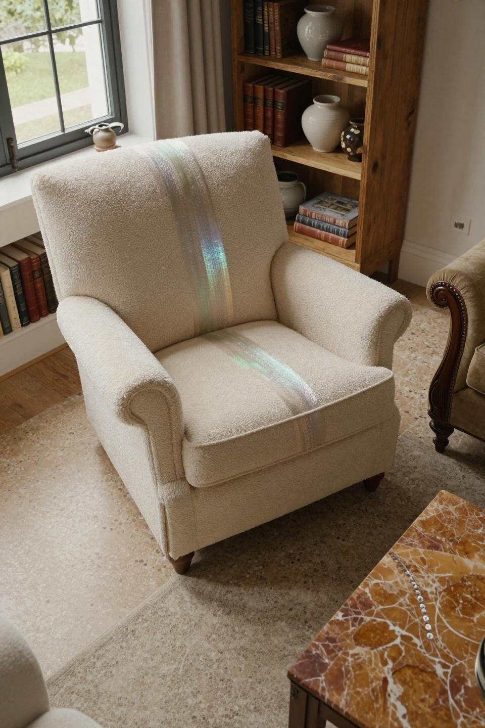 Cosy Cottage Living Room - cream bouclé armchair with reclaimed teak shelving