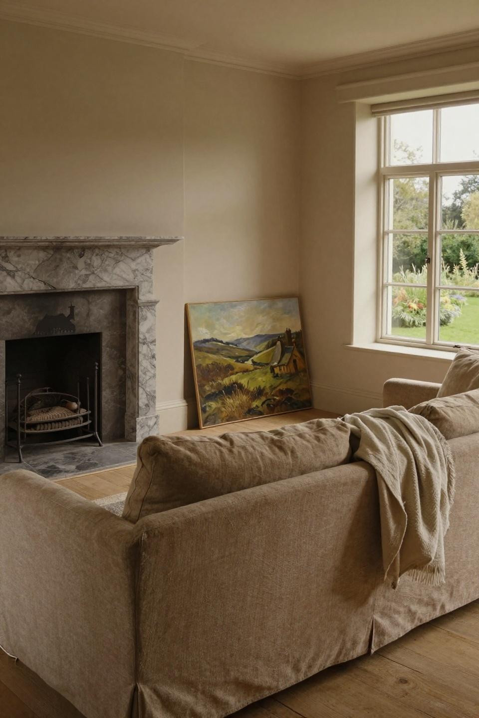Cosy Cottage Living Room - storm-grey stone fireplace with marble surround
