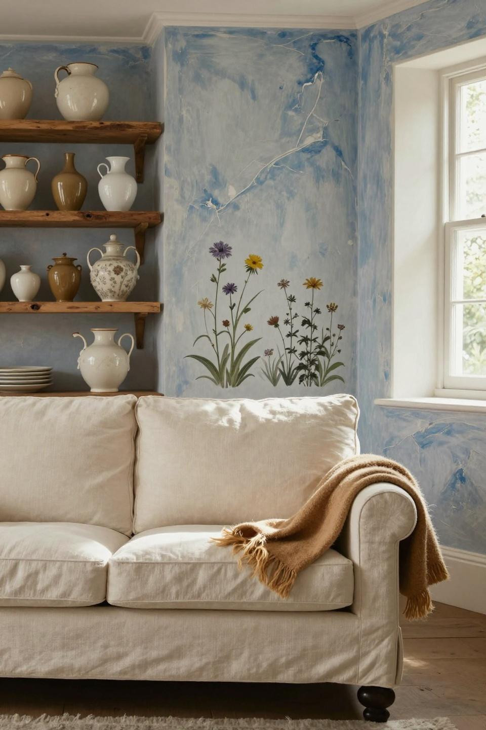 Cosy Cottage Living Room - glacier blue Venetian plaster with pressed wildflowers