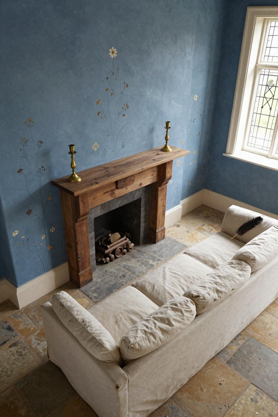 Cosy Cottage Living Room - reclaimed walnut mantelpiece with brass candlesticks