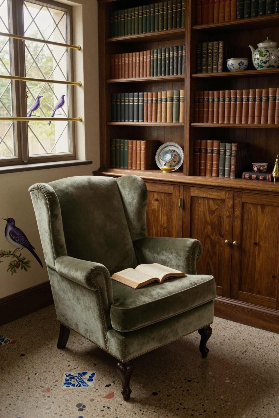 Cosy Cottage Living Room - walnut bookcase with sage velvet chair