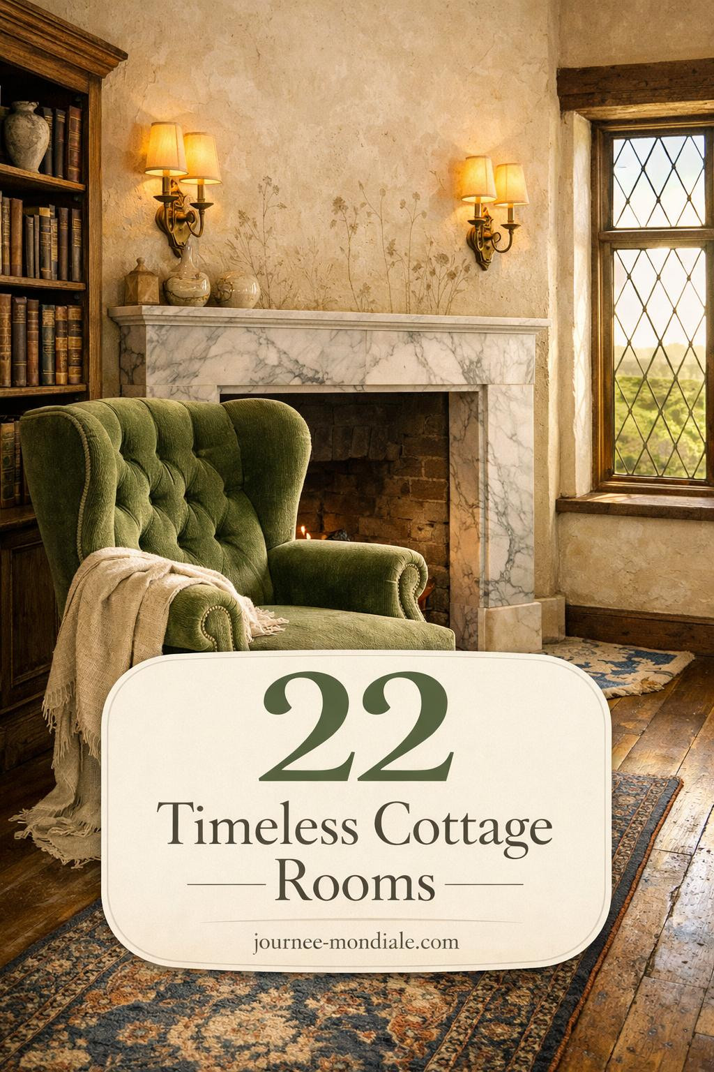 Sage green velvet wingback chair beside Carrara marble fireplace in cream cottage living room with Persian rug, oak floors, brass sconces, leaded windows