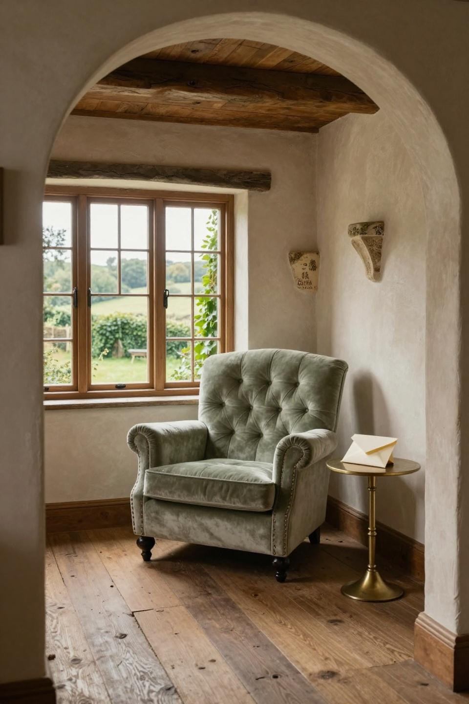 Cosy Cottage Living Room - sage mohair armchair through arched doorway