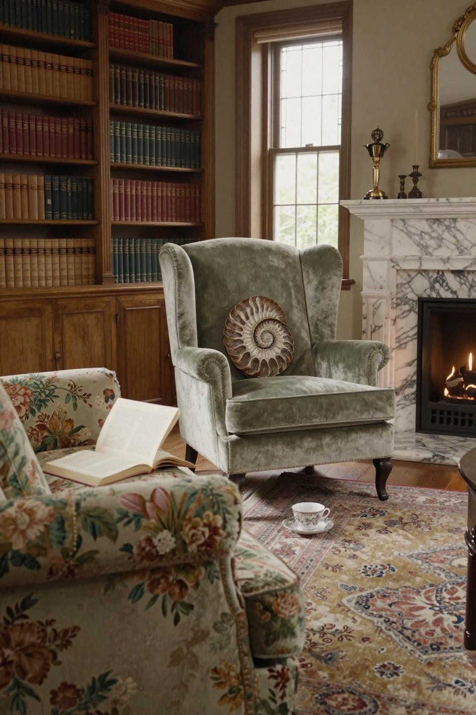 Cosy Cottage Living Room - sage mohair wingback with Jurassic ammonite fossil