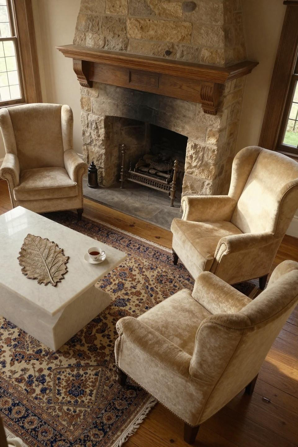 Cosy Cottage Living Room - stone fireplace with hand-carved oak mantelpiece