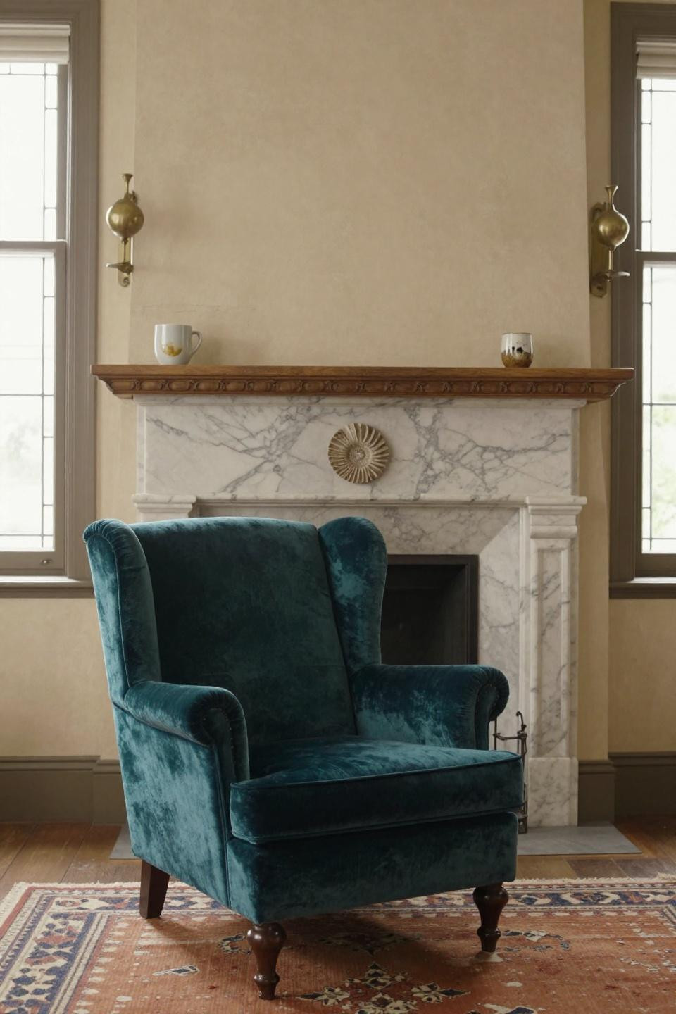 Cosy Cottage Living Room - jewel-tone mohair wingback with Carrara marble