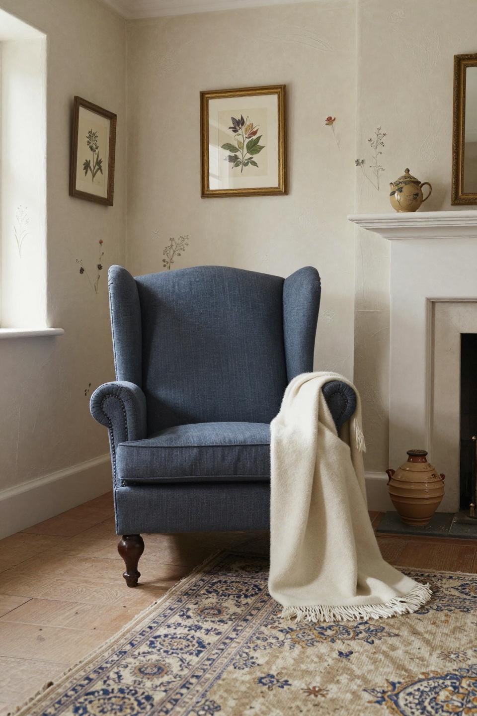 Cosy Cottage Living Room - Belgian linen wingback chair with Venetian plaster walls