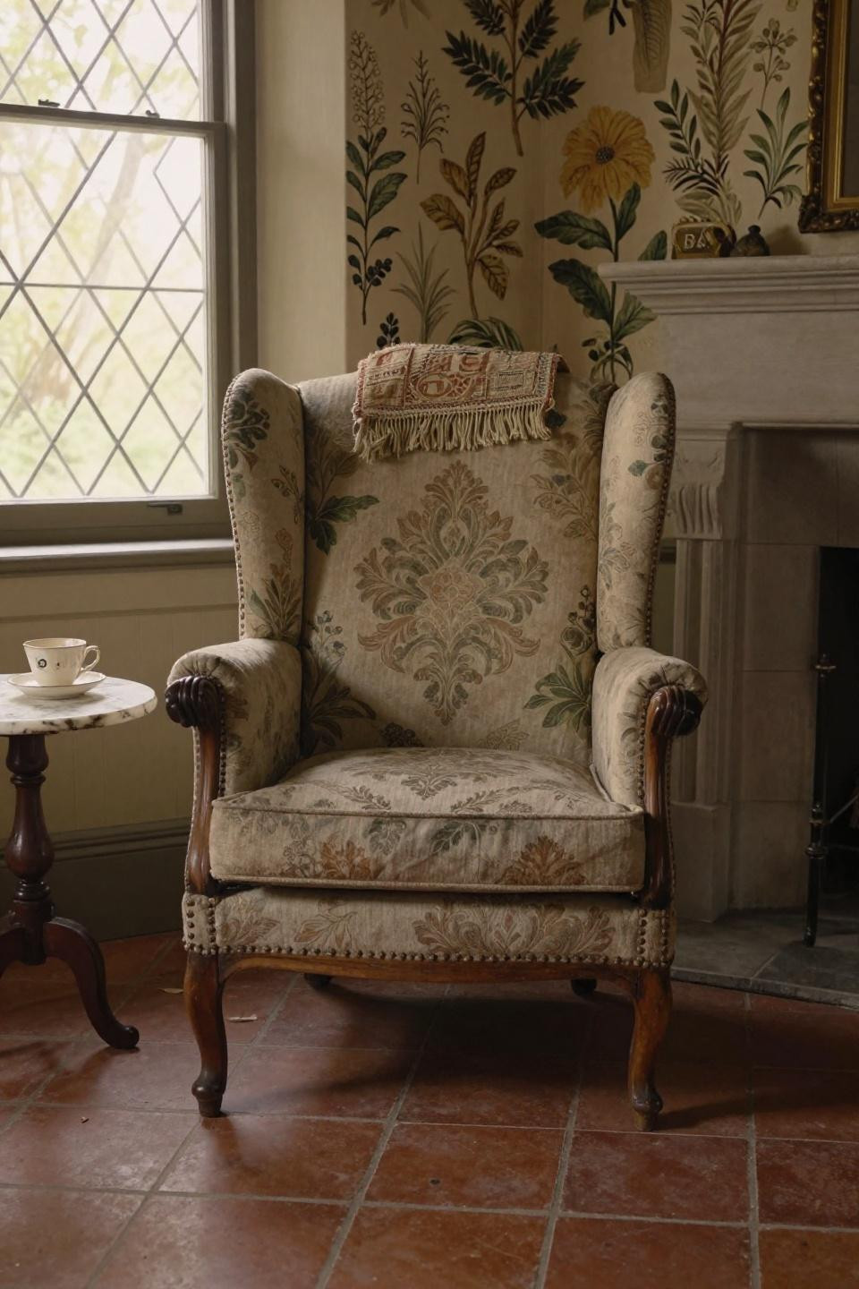 Cosy Cottage Living Room - weathered walnut wingback with tapestry