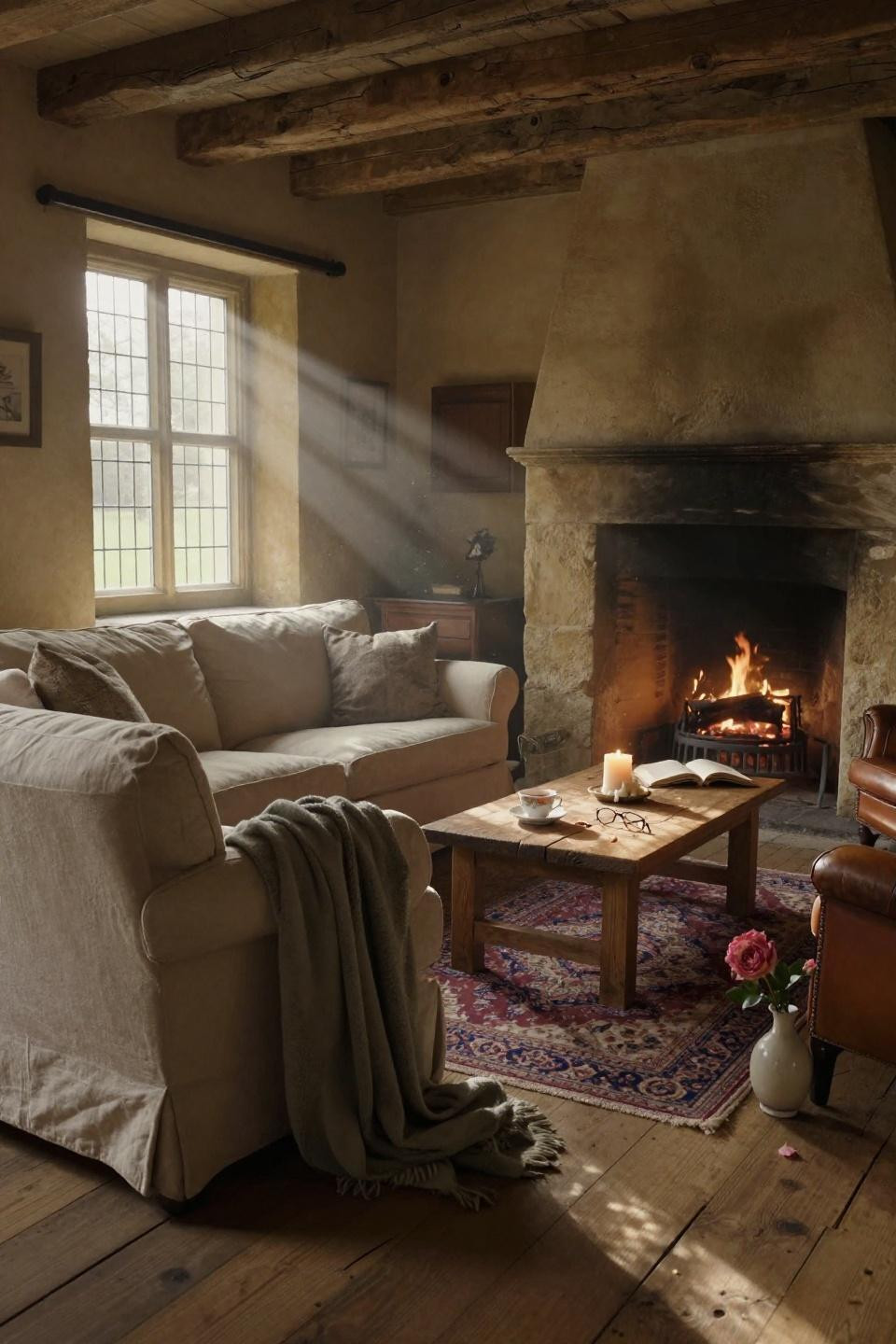 British Cottage Interior - inglenook fireplace in 17th century home