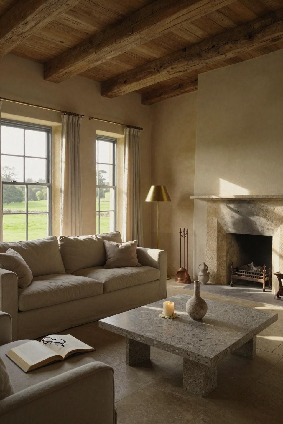 English Country Style Living Room - minimal restoration with meadow views