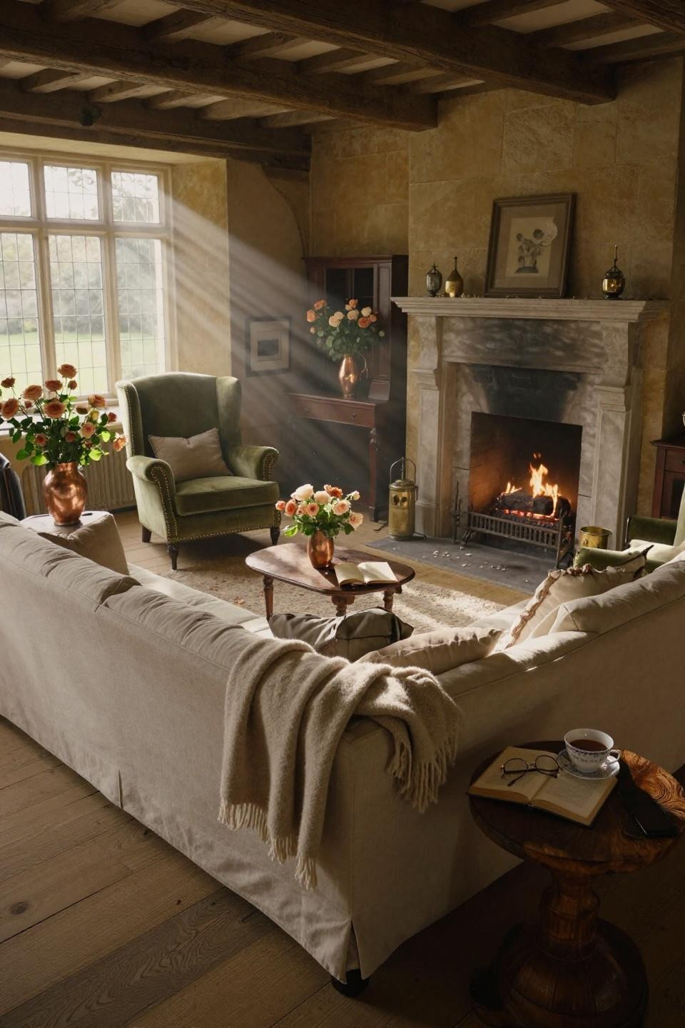 English Countryside House Interior - 45 degree view of fireplace setup