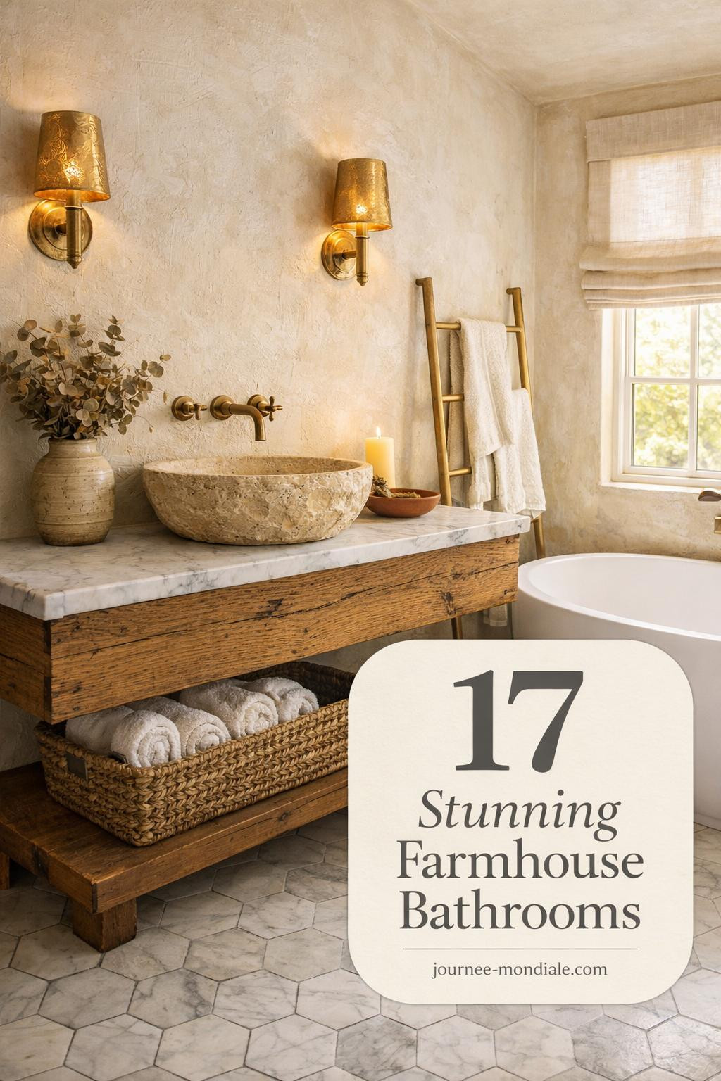 Cozy farmhouse bathroom featuring white shiplap walls, rustic wood vanity, vintage mirror, neutral linens, and natural light