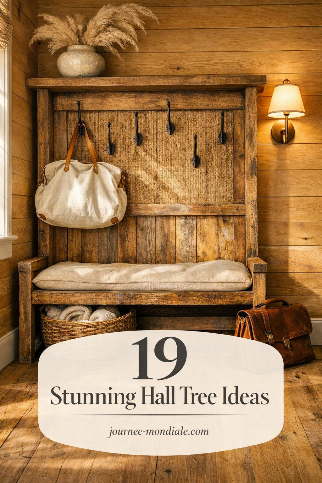 Rustic farmhouse entryway featuring reclaimed timber hall tree bench with wrought iron hooks, woven rattan panels, linen cushion, and honey shiplap wall