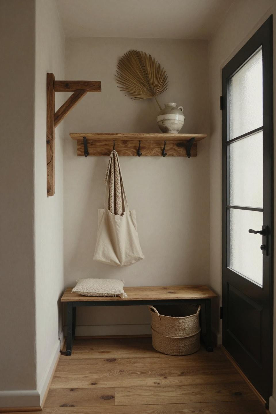 Entry Drop Zone - blackened steel and weathered pine hall tree