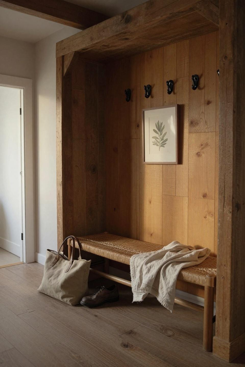 Small Drop Zone Ideas - weathered timber frame with rattan bench seat