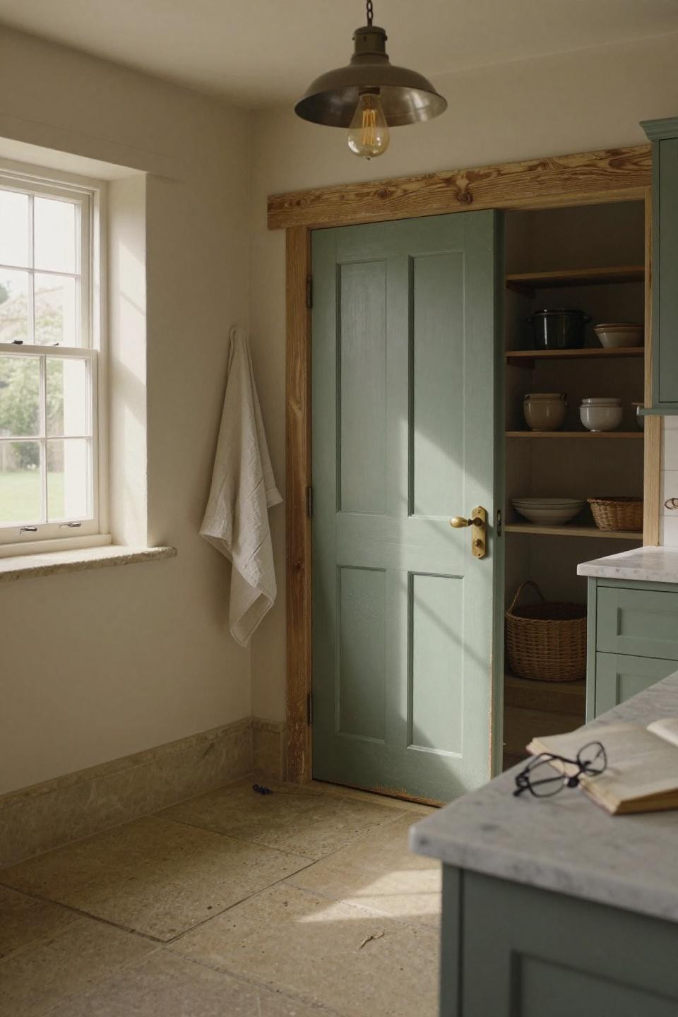 Painted double pantry doors with vintage brass pulls