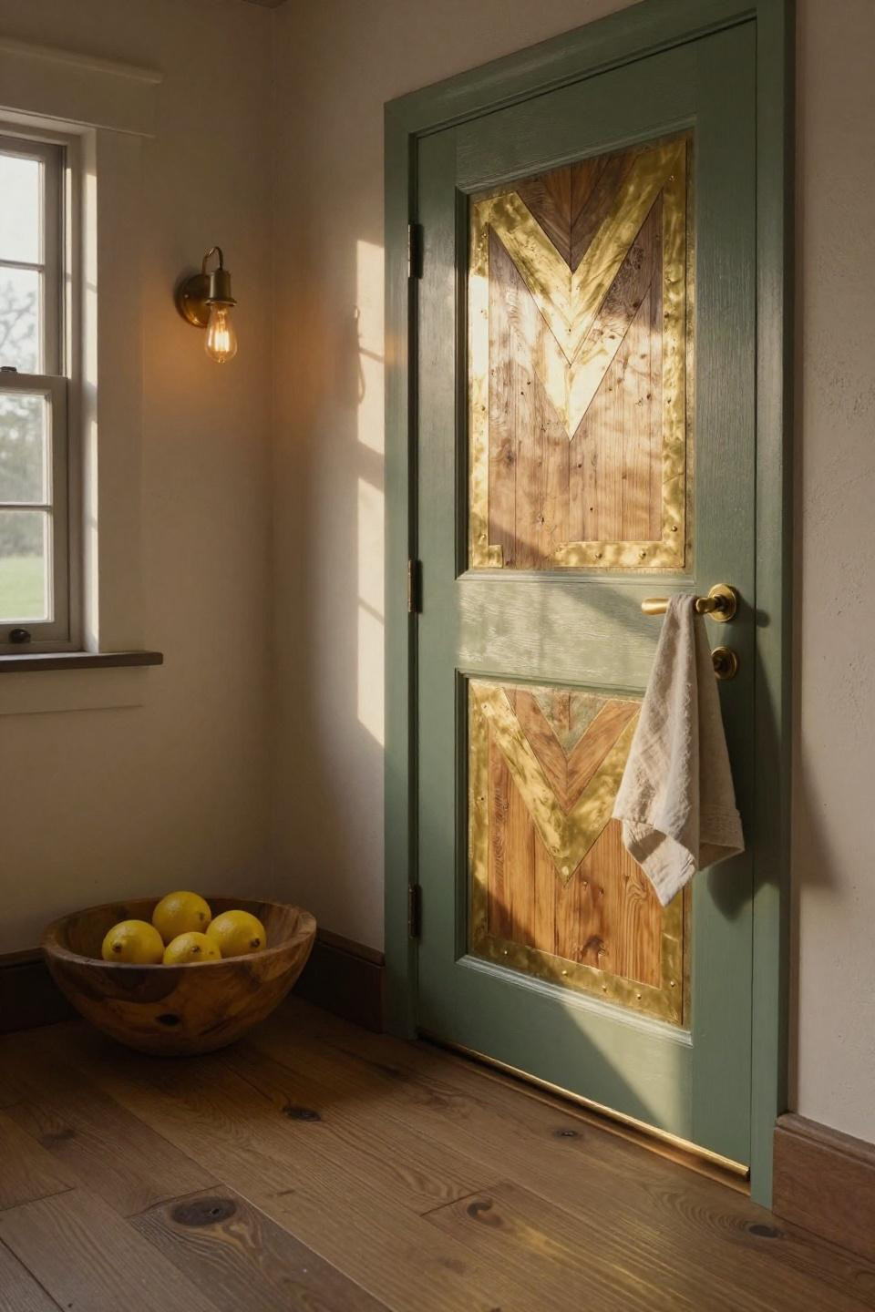 Sage pantry door with geometric brass chevron pattern