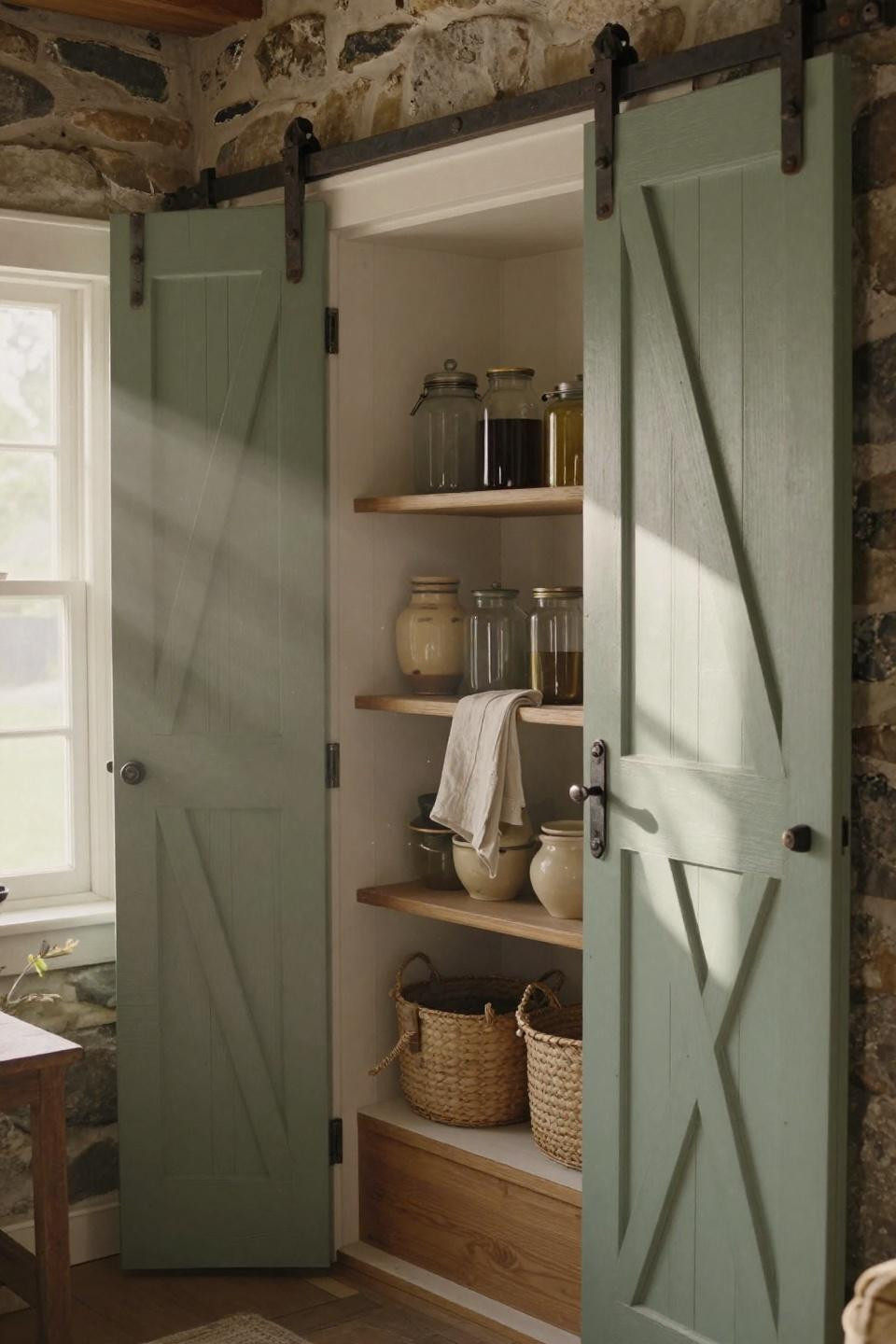 Barn door pantry with hand-forged hardware from above