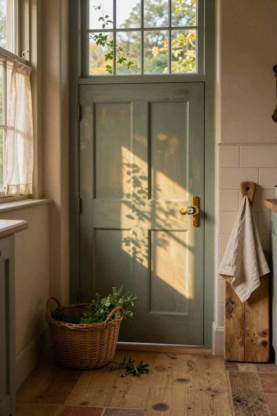 Painted pantry door in sage green with brass hardware