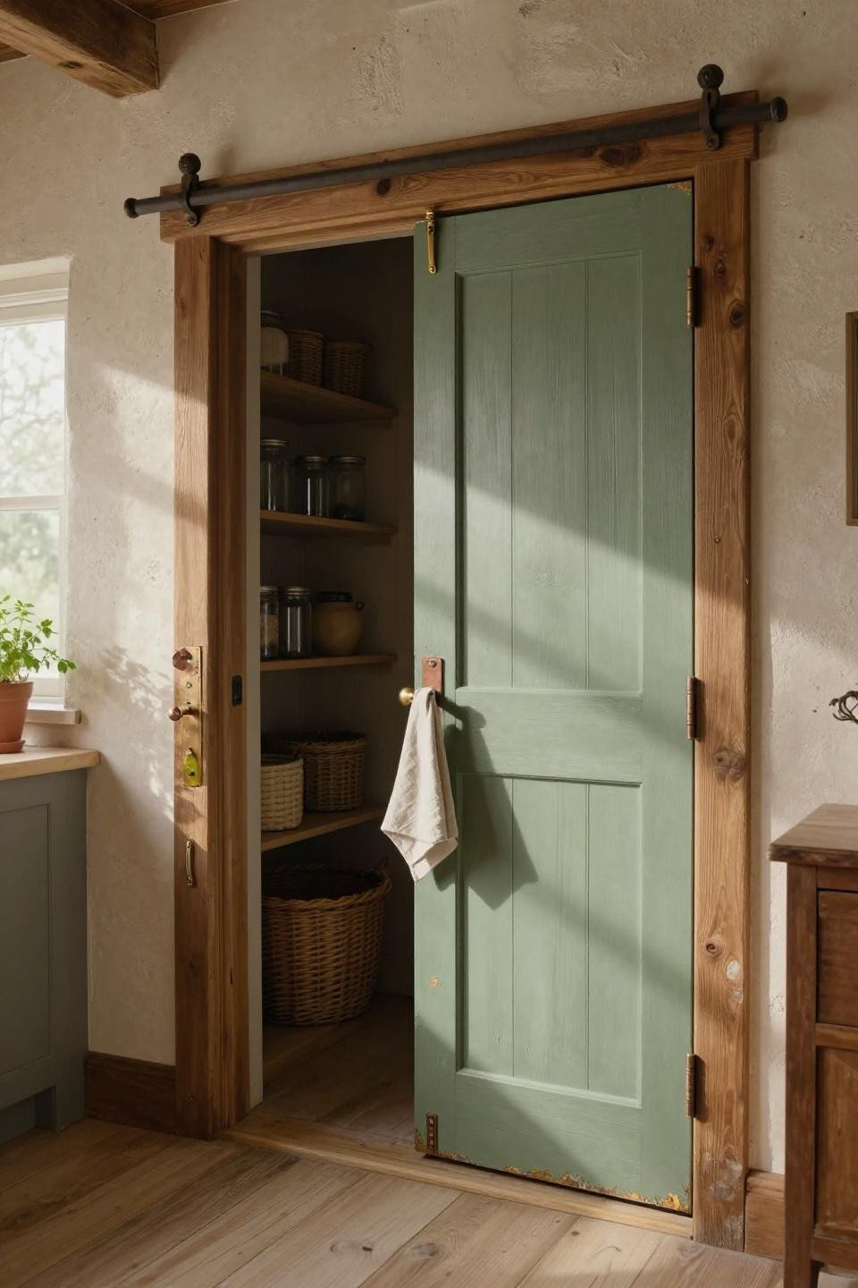 Wide angle shot of double farmhouse pantry doors