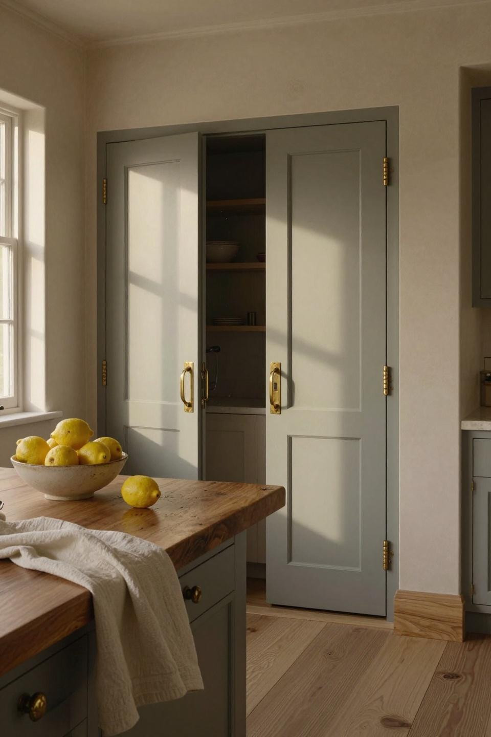 Dove gray double pantry doors with raised panel detail