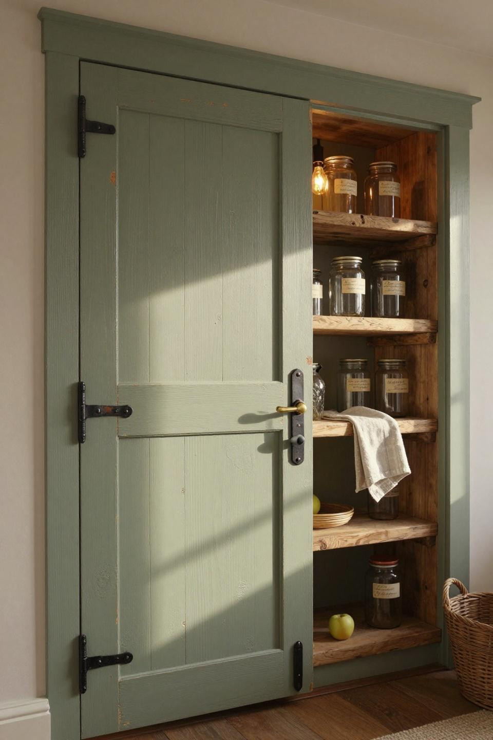Tall pantry door open to reveal rustic shelving