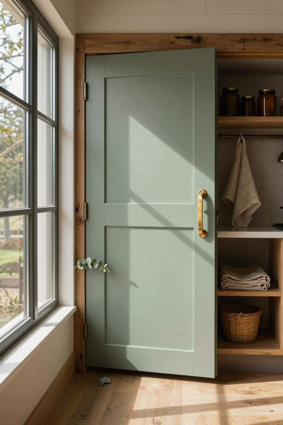 Slightly open pantry door revealing organized shelves