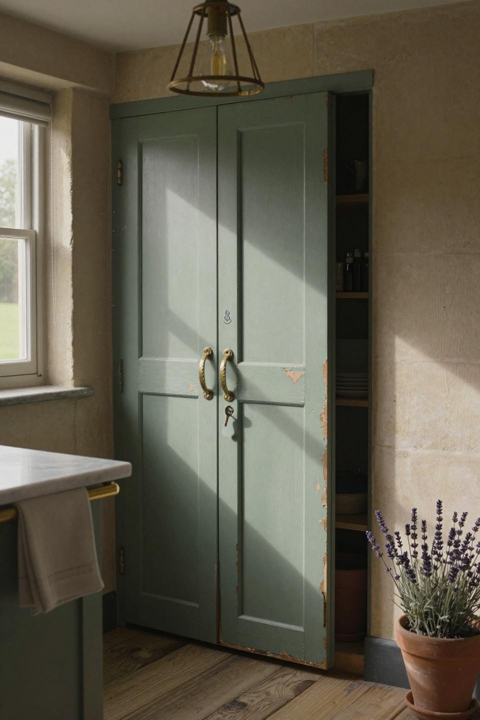 Double doors with sculptural brass pendant above