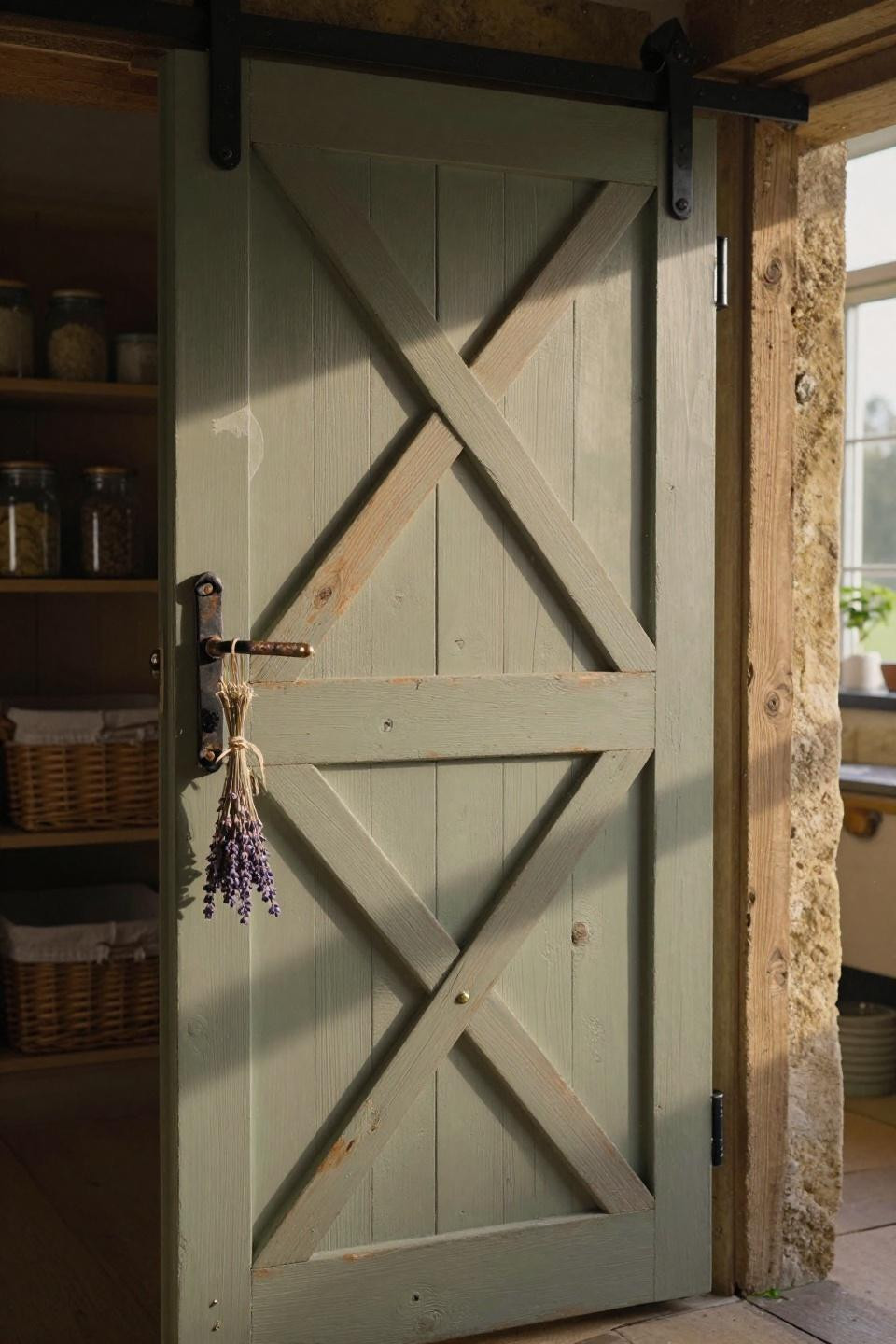 Barn door with iron X-brace and sage paint