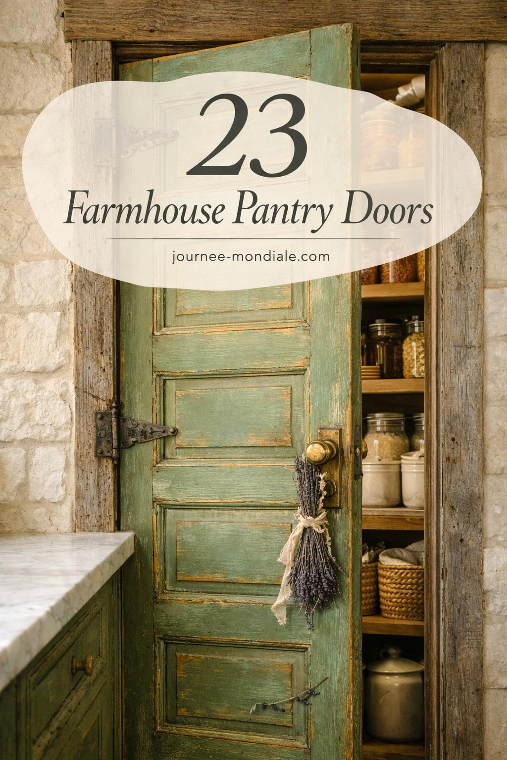 Distressed sage green painted five-panel oak pantry door with unlacquered brass hardware, reclaimed wood frame, organized shelves