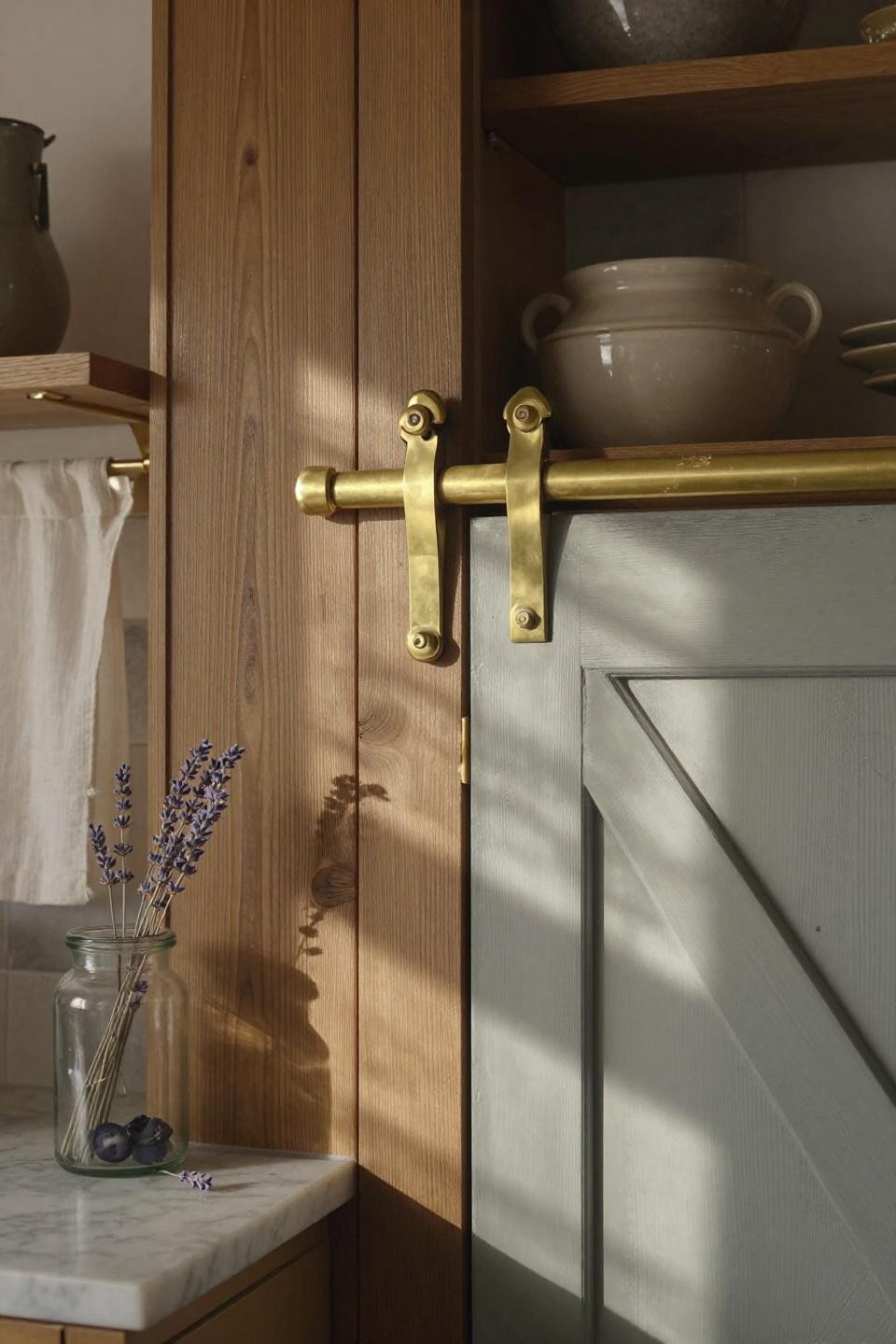 Closeup of aged brass barn door sliding hardware