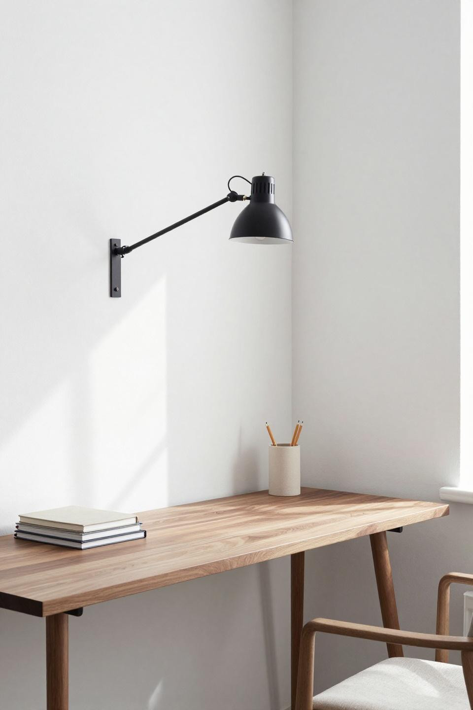 Minimalist workspace - walnut floating desk with invisible steel brackets in white alcove