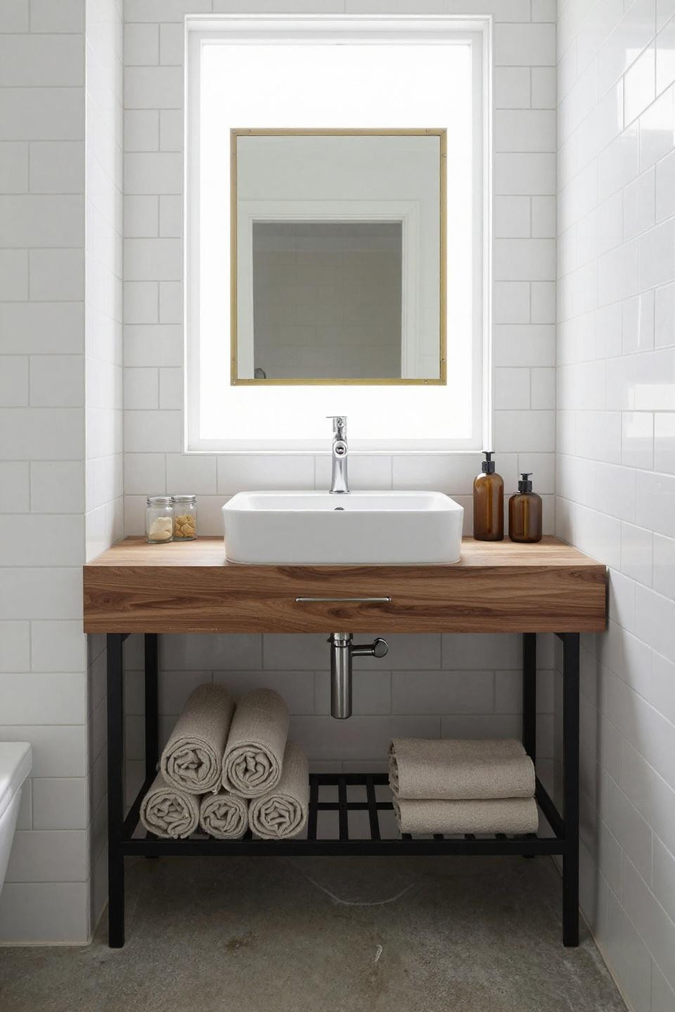 Small Apartment Bathroom Ideas - floating walnut vanity with white vessel sink