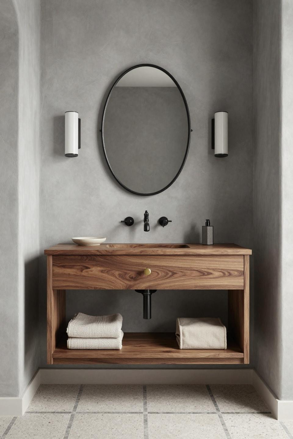 Small Full Bathroom Ideas - floating walnut vanity against grey limewashed plaster