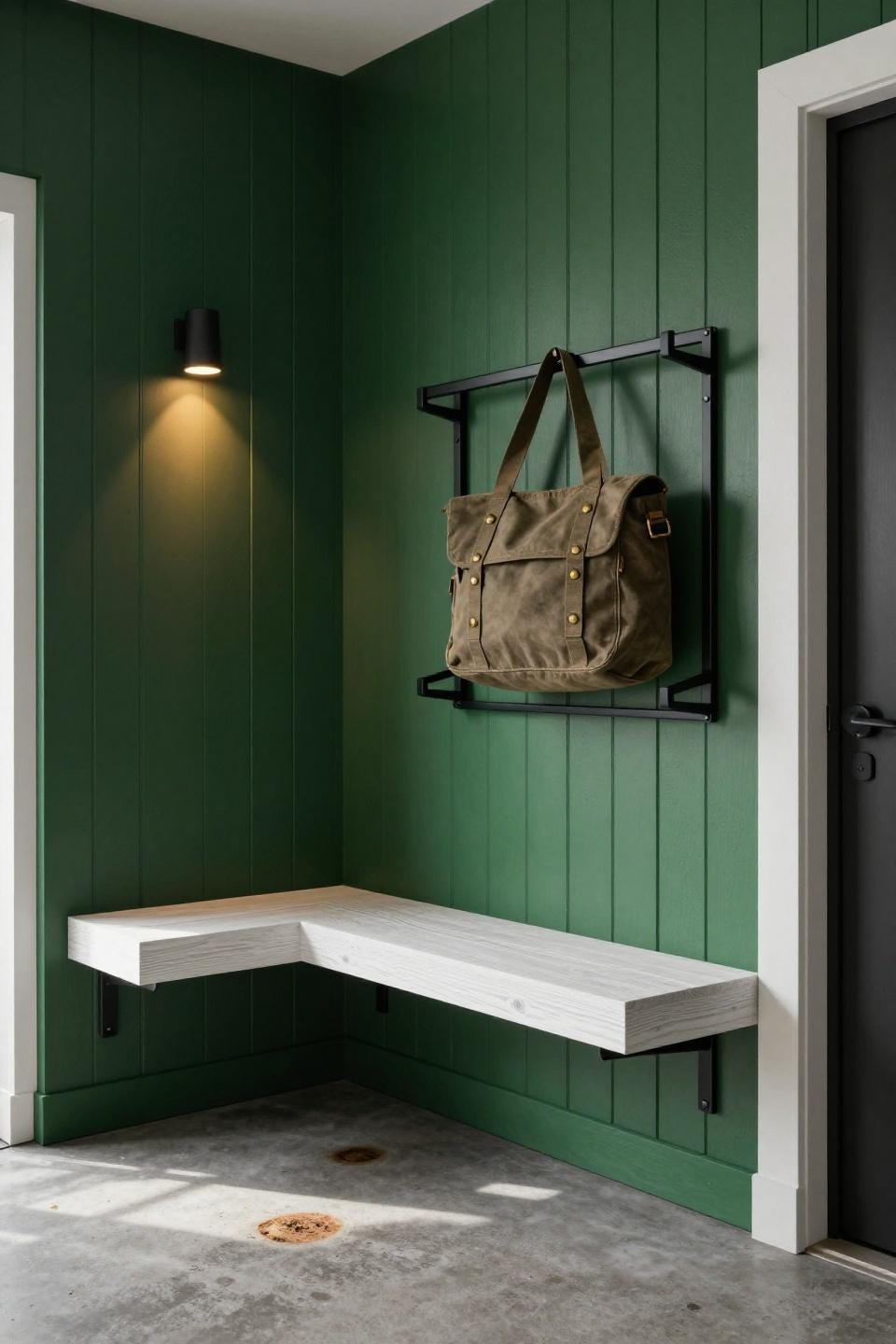 Entry Coat Rack Ideas - forest green paneled wall with black metal rails