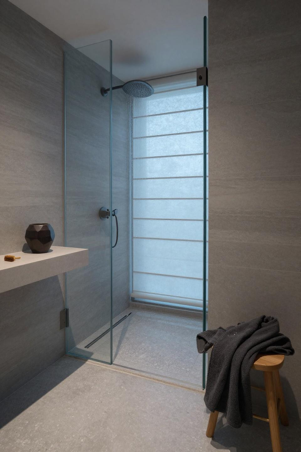 Open Shower Bathrooms - Japandi frameless glass with grey slate