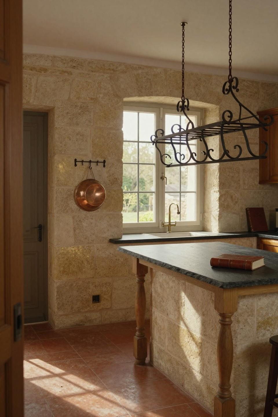 Earthy Kitchen - limestone walls with wrought-iron pot rack