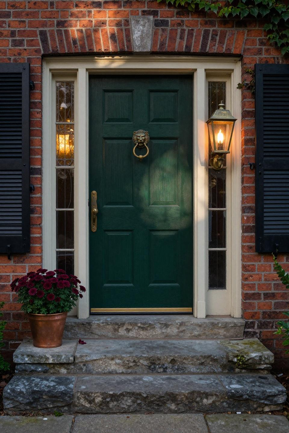 front door red brick house - deep forest green with aged brass