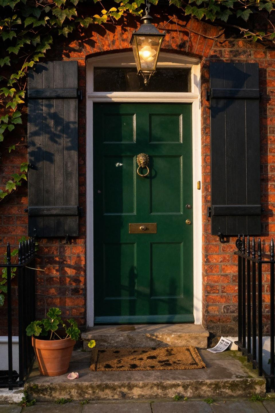 door colors for red brick house - forest green door with brass hardware