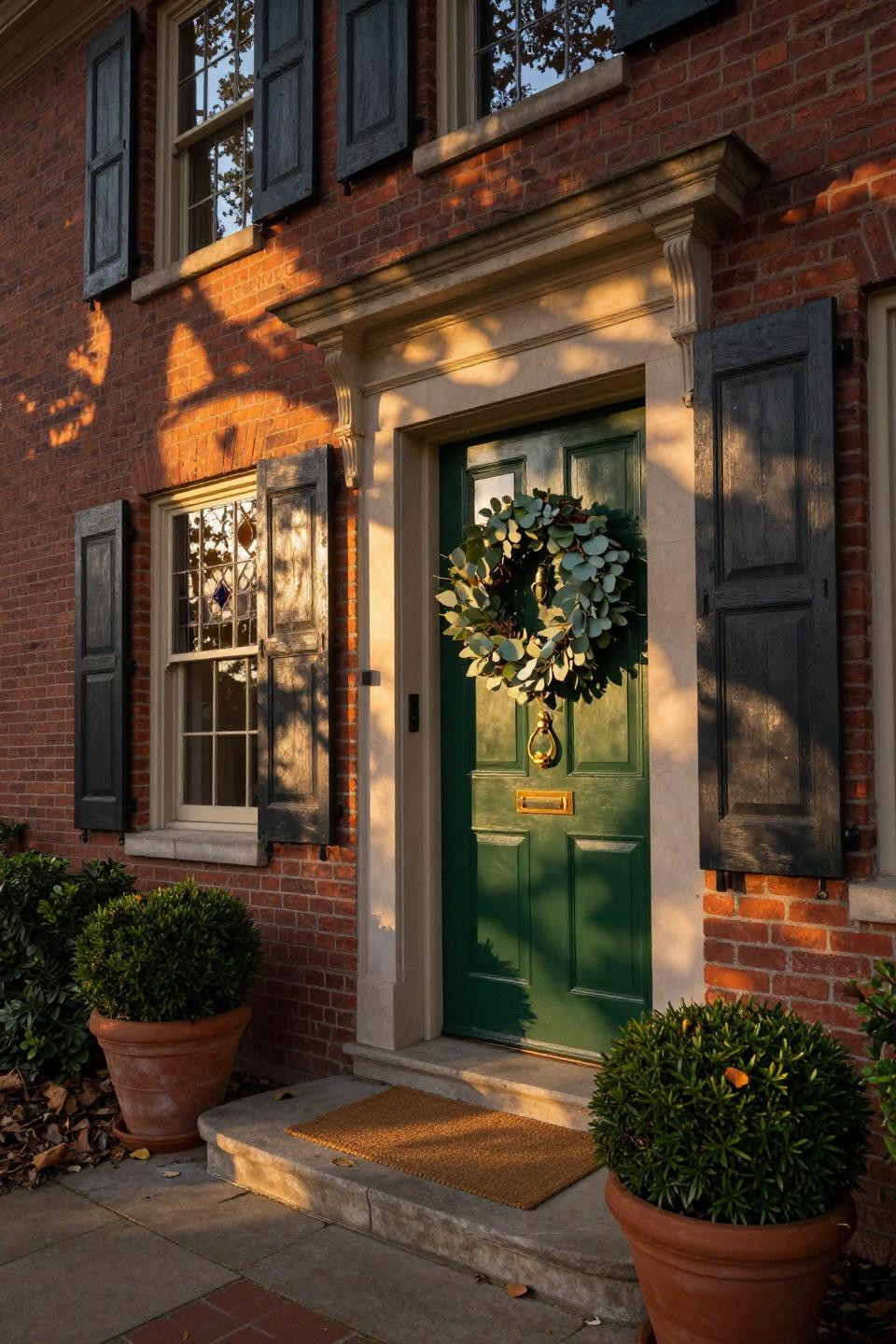 red brick house exterior color schemes - hunter green charcoal shutters