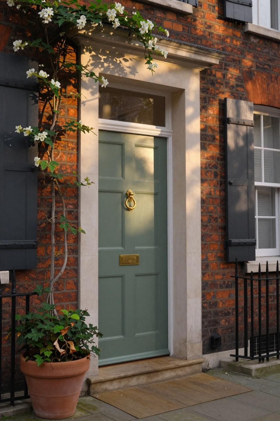 red front door ideas - sage green entrance with jasmine
