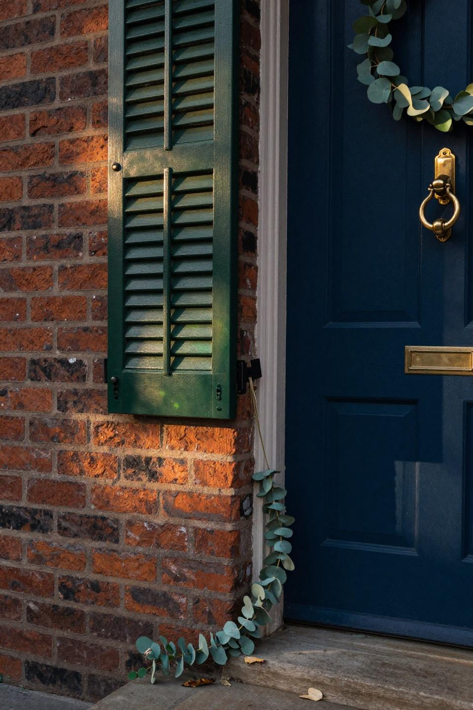 shutter colors for brick house - matte black shutters navy door