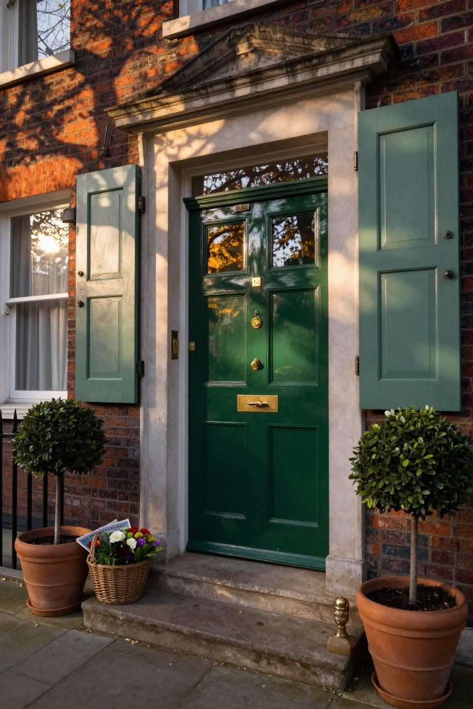 green front door brick house - sage green with limestone trim