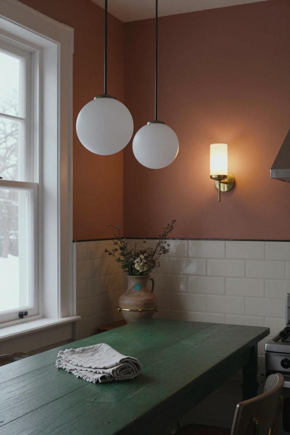 Small Kitchen Ideas - paired milk glass sphere pendants over green painted table
