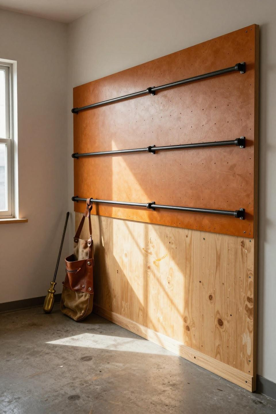 Home Workshop Garage - burnt orange pegboard with magnetic rail