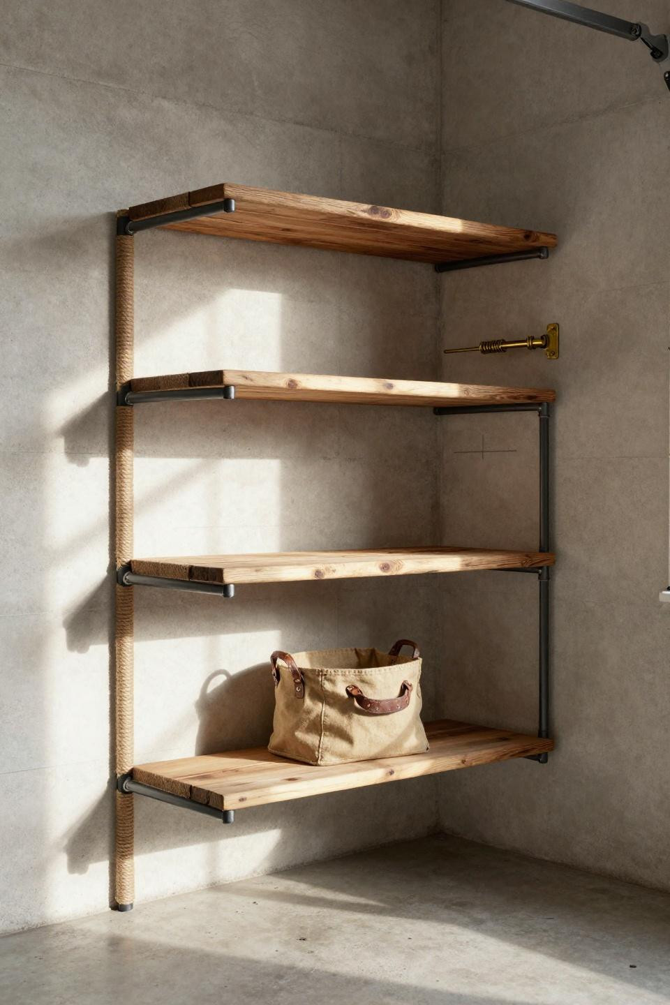 Garage Shop Plans - black steel pipe shelving with jute rope wrapping