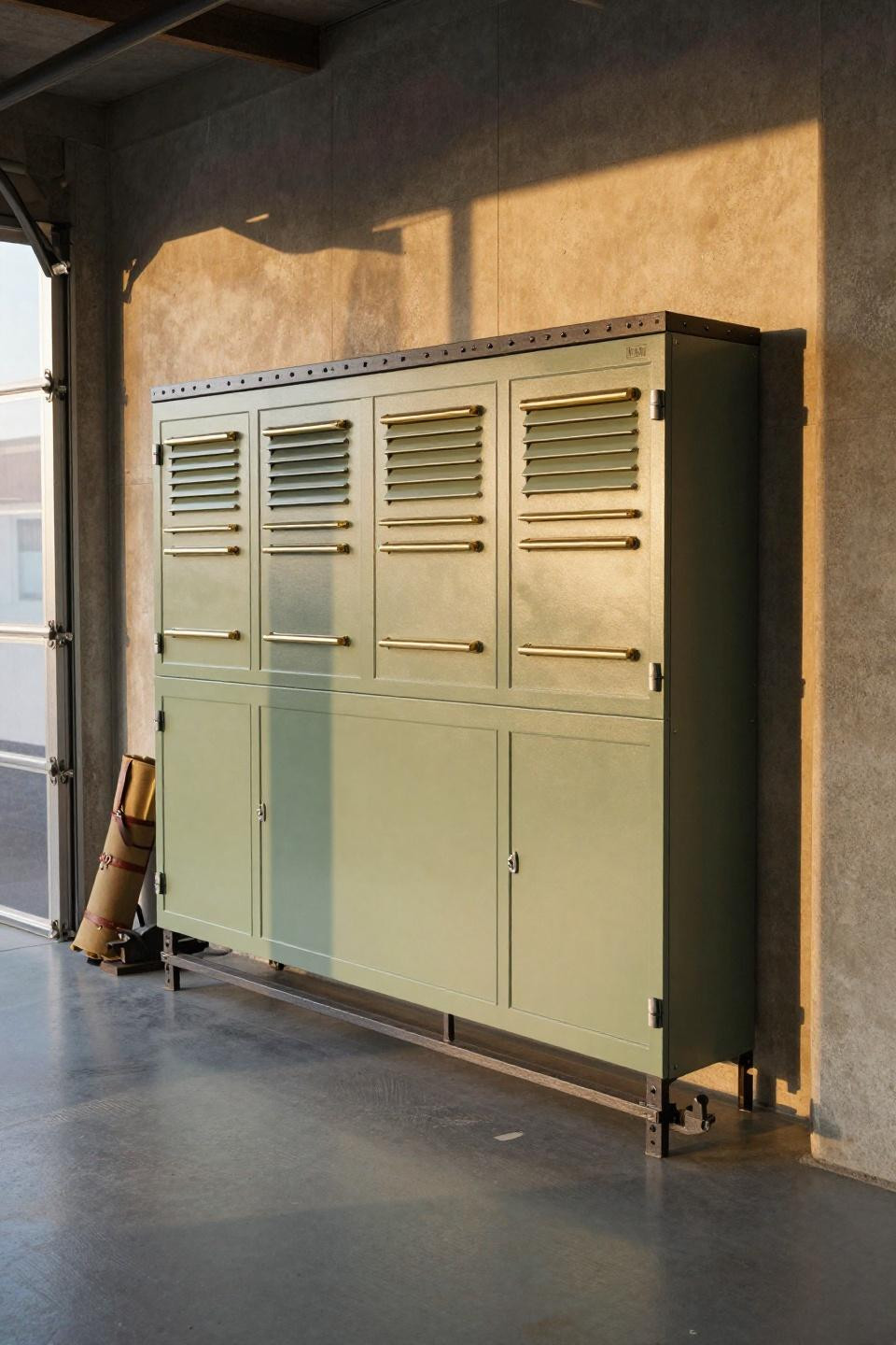 Dream Garage Workshop - steel frame tool cabinets with sage green doors