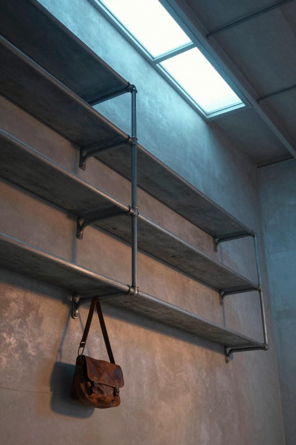 Shop Ideas Garage - wall-mounted steel pipe shelving with concrete shelves