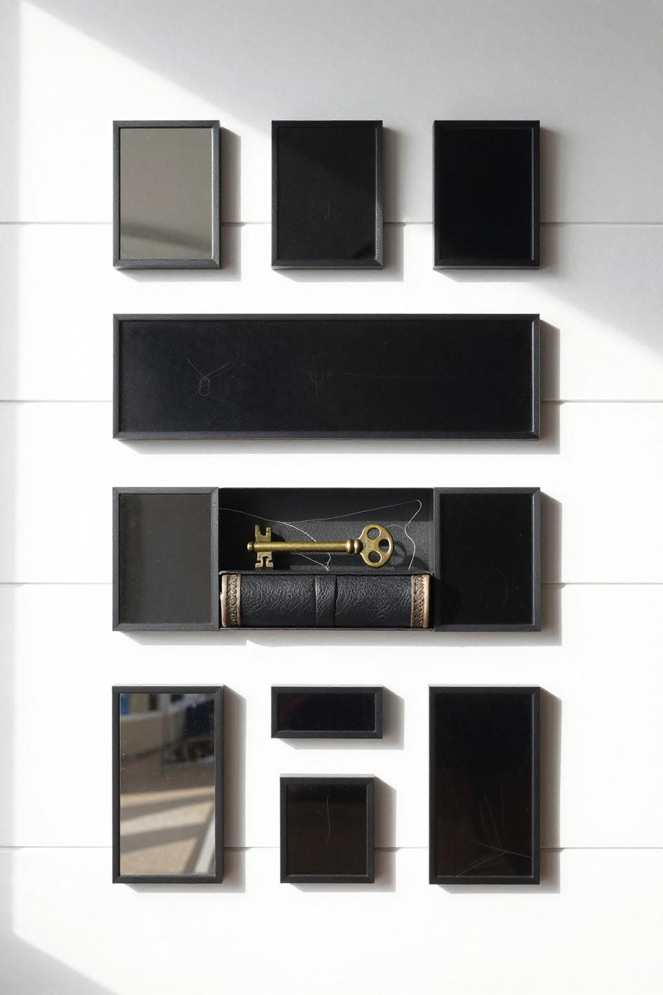 Mirror Image - geometric black mirror grid on white wall